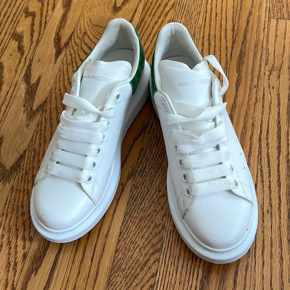 Alexander McQueen sneakers worn under 10 times. White with geeen croc detail
